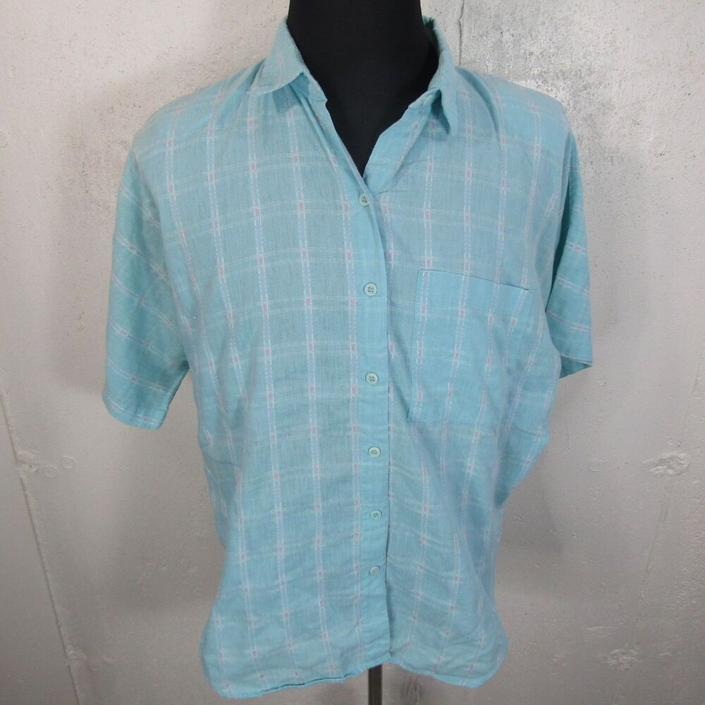 Vtg Picture Perfect Women's L Aqua Plaid Button Down Collared Short Sleeve Top